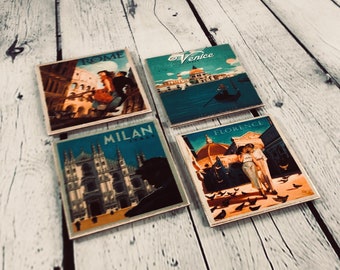 Scenic Italy- Italian Cities Travel Poster Coasters - resin sealed topcoat  - handcrafted decorative set of four - full cork backing
