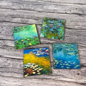 Monet Water Lilies Coasters - Handmade decorative Coaster Set of Four - cork backed - hard resin topcoat - Impressionistic art table décor