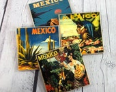 Mexico tourism travel poster coasters - handmade wooden coaster set of four - lightweight shatterproof cork backed -