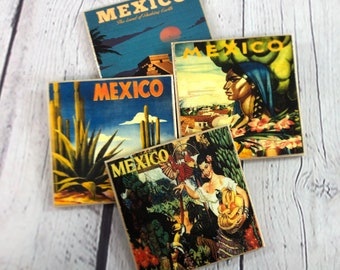 Mexico travel poster coasters -hard resin topcoat - handmade decorative coaster set of four - full cork backing - retro tourism ads