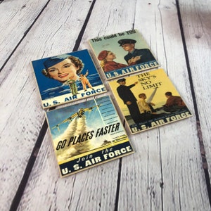 Retro Air Force recruiter poster coasters - handmade decorative coaster set of four - hard resin sealed top - full cork backing -