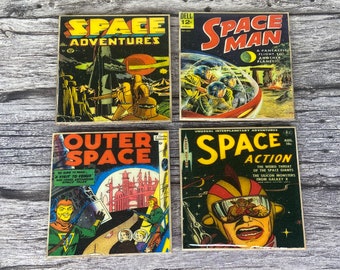 SciFi Pulp Comic Coasters: Atomic Space Adventure, Handmade Wooden Coaster Set