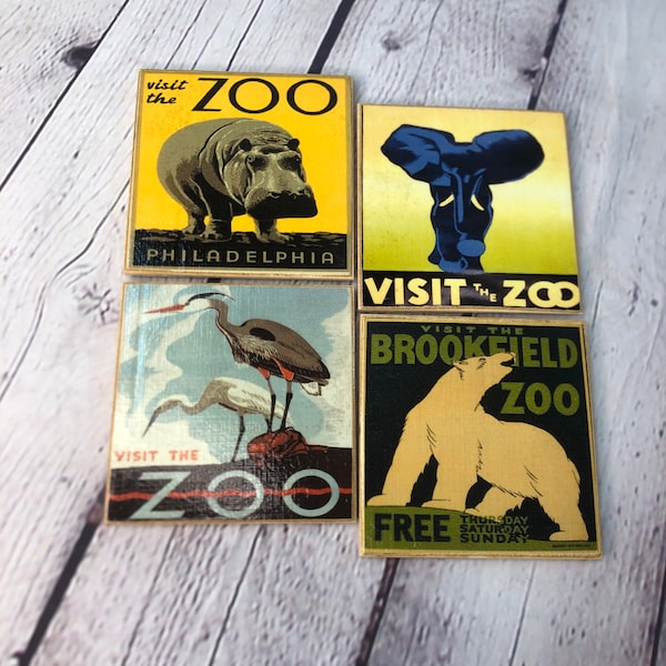 Retro Zoo Animal Coasters - WPA Federal Art - handmade decorative coaster set of four - epoxy resin sealed topcoat - full cork backing