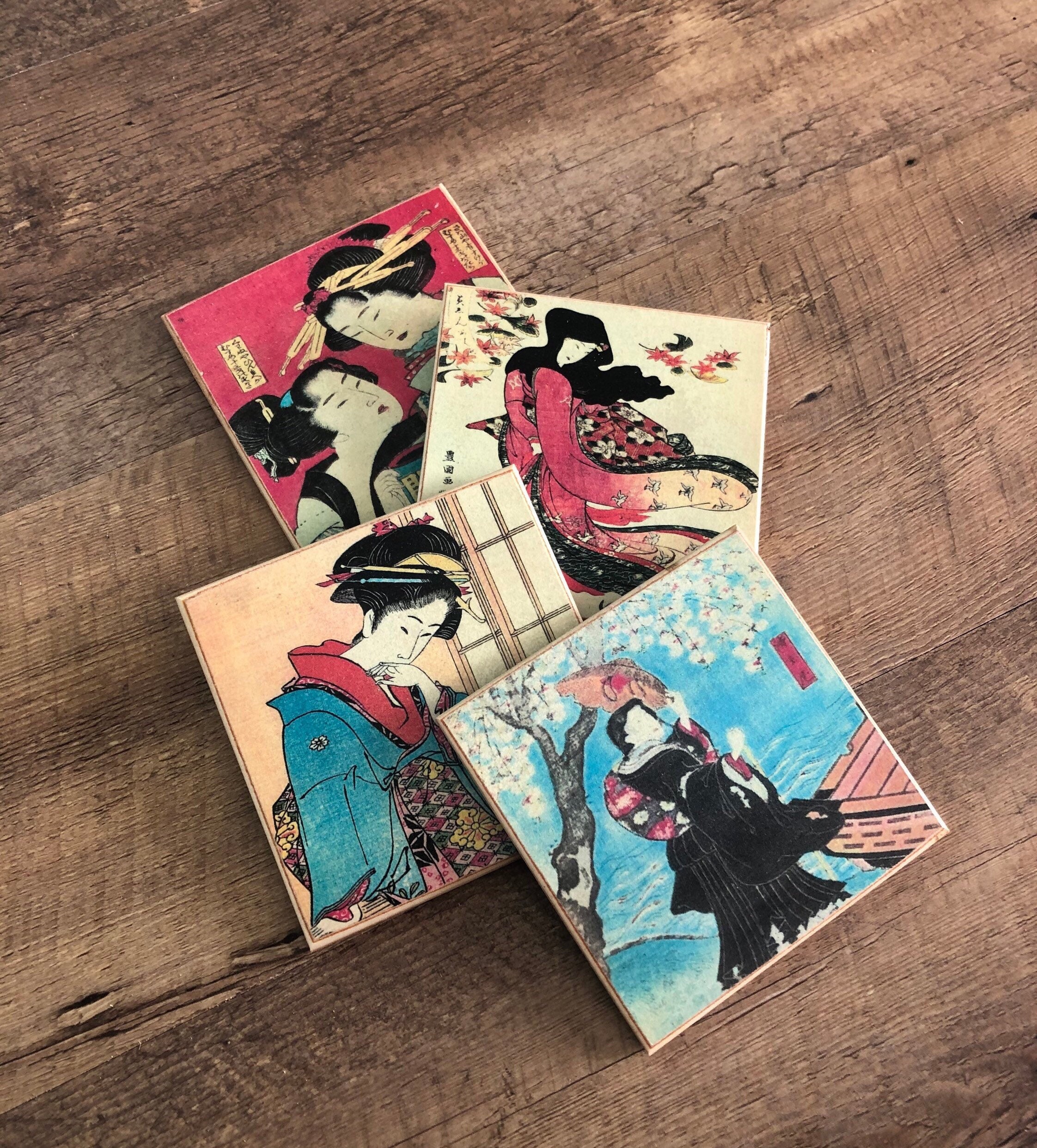 Ukiyoe Japanese Coasters handmade wooden coasters Etsy