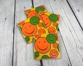 70s Style Retro Smiley Face Coasters - handmade wooden coaster set of four - shatterproof cork backed