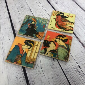 Japanese Ukiyo-e Geisha Coasters resin sealed topcoat handmade decorative coaster set of four full cork backing woodblock art style image 2