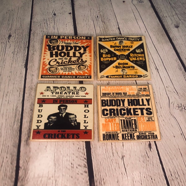 Rock and Roll Legend Buddy Holly Concert Bulletin Coasters - Handmade decorative Coaster set of four - hard resin topcoat - cork backing