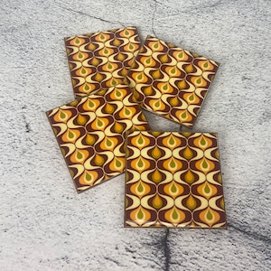 Mid-Century Modern Coaster Set – Retro Brown & Mustard Geometric Pattern - retro teardrop- mod teardrop (Set of 4)
