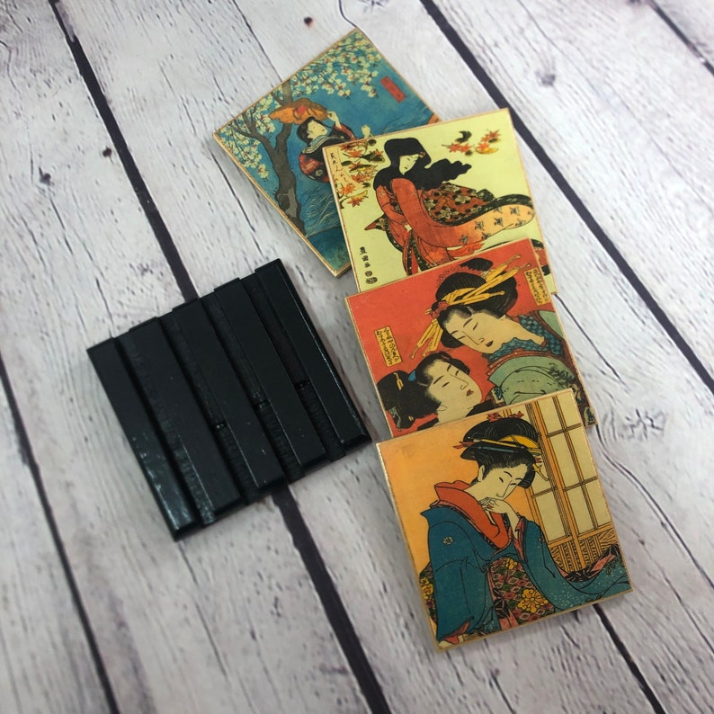 Japanese Ukiyo-e Geisha Coasters resin sealed topcoat handmade decorative coaster set of four full cork backing woodblock art style coasters with holder