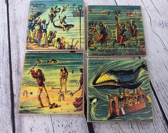 Retro-Futuristic Life Under the Sea Coasters: Handmade Wooden Coaster Set