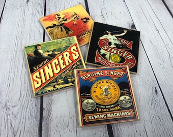 Singer Sewing Machine Vintage Adverstiment Coasters: Handmade Wooden Coaster Set