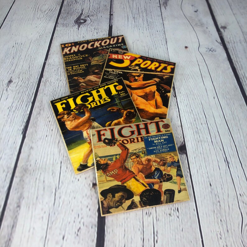 Boxing Pulp Art Magazine Coasters: Handmade Wooden Coaster Set - Etsy