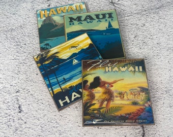 Hawaii Travel Poster Coasters: handmade wooden coaster set