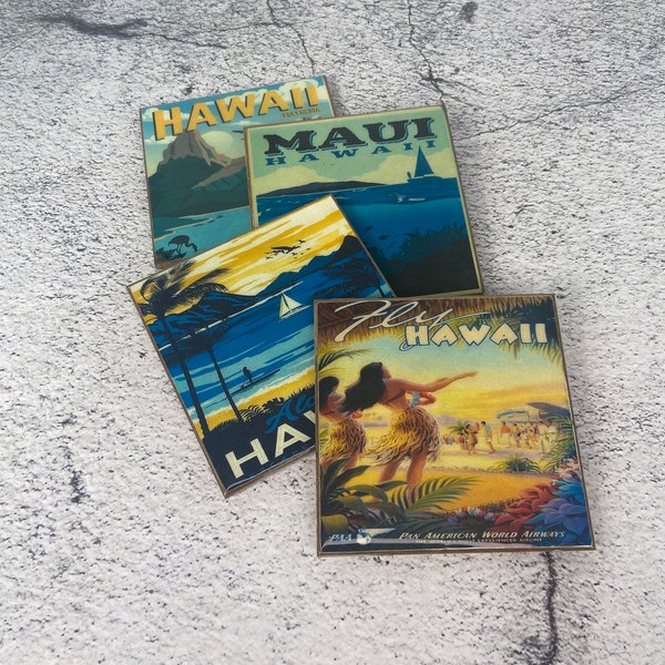 Hawaii Travel Poster Coasters - hard resin topcoat - Handmade decorative Coaster Set of Four - full cork backing - retro travel décor