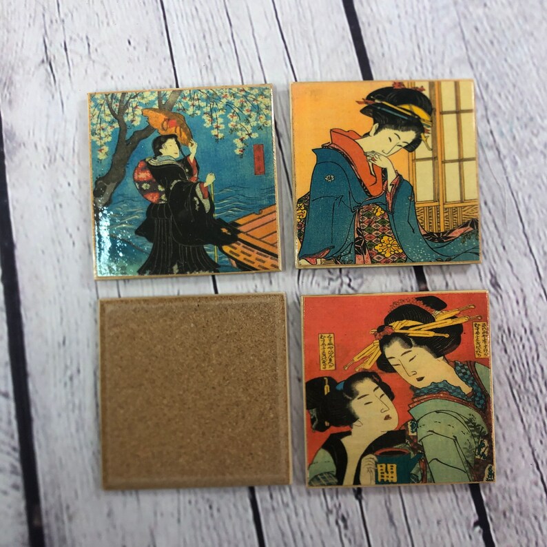 Japanese Ukiyo-e Geisha Coasters resin sealed topcoat handmade decorative coaster set of four full cork backing woodblock art style image 7