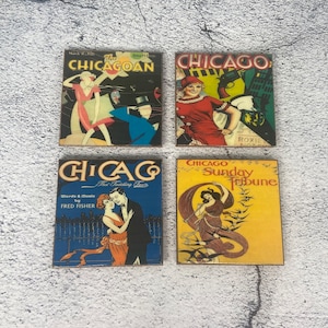 Sottobicchieri retrò Chicago Windy City - finitura in resina - set di quattro - Sottobicchieri decorativi fatti a mano - supporto in sughero - decorazione da viaggio anni '20
