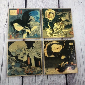 Japanese Ghost Story Ukiyo-e Coaster Set - Resin Sealed - handmade decorative coasters - full cork backing - Hokusai woodblock art décor