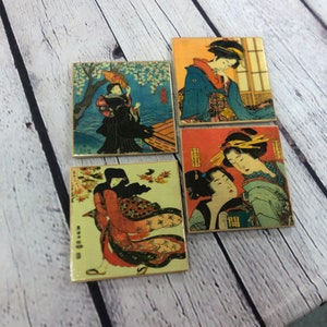 Japanese Ukiyo-e Geisha Coasters resin sealed topcoat handmade decorative coaster set of four full cork backing woodblock art style only coasters