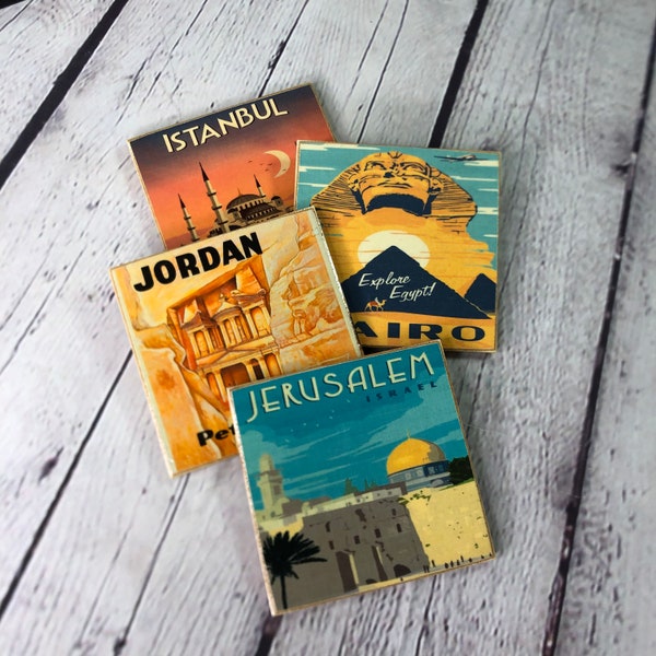 Middle Eastern Cities Travel Poster Coasters - hard resin top - handmade wooded coaster set of four - full cork backing - retro travel décor