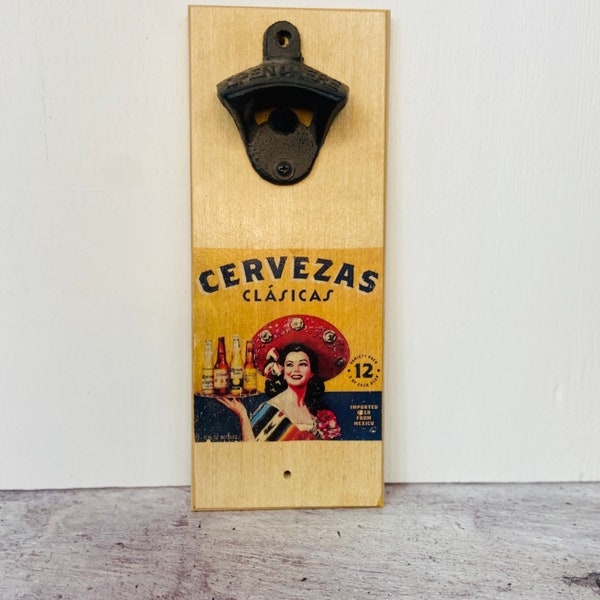 Cervezas Clasicas Beer Bottle Opener - handmade wood base w/ cast iron opener - wall mounted - Home or Restaurant Mexican Bar Décor -