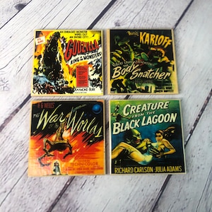 Retro Sci Fi horror movie coasters - handmade decorative coaster set of four - Full Cork Backing - epoxy resin sealed topcoat -