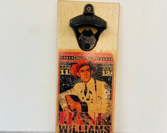 Hank Williams Beer Bottle Opener - handmade wooded base w/ cast iron opener - wall mounted - Home Country Western Honkytonk Bar Décor