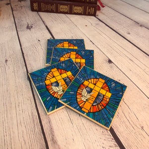 Christian Cross w/ Dove Wooden Coasters -bresin topcoat - handmade decorative coaster set of four - full cork backing - stained glass art
