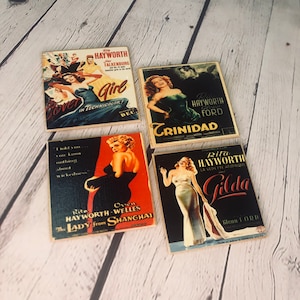 Rita Hayworth Movie Poster Coasters - handmade decorative coaster set of four - Full Cork Backing - Classic Hollywood Movie Décor