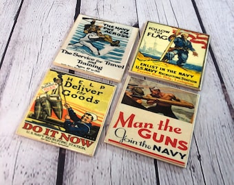 May include: Six vintage-style recruitment posters for the U.S. Navy. The posters feature images of sailors, ships, and weapons, and they encourage people to join the Navy. The text on the posters includes slogans such as "The Navy Put 'Em Across", "Help Deliver the Goods", "Follow the Flag", "Enlist in the Navy", "Man the Guns", and "Do It Now".