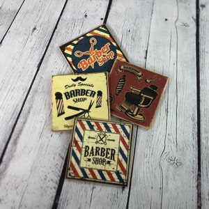Vintage Barbershop Coasters - hard resin topcoat - Handmade decorative coaster set of four - Full Cork Backing - Retro art style