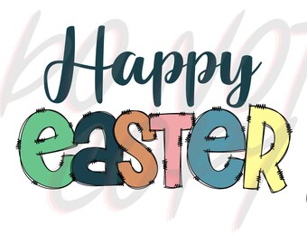 May include: Happy Easter text in colorful, outlined letters with a stitched effect. The letters are in shades of green, blue, yellow, orange, and pink.