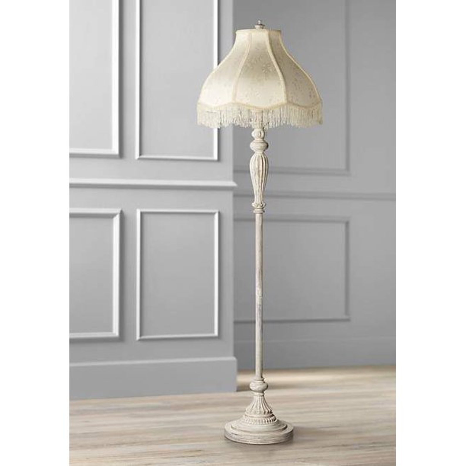 Shabby Chic Floor Lamp Antique White Cream Fabric Shade Fringe Etsy