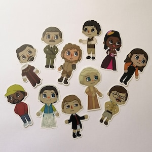 May include: A set of 11 colorful cartoon character stickers. The characters are all different and include a man in a military uniform, a woman in a dress, a man with a beard, a woman with a crown, a man with a mustache, a woman with a flower in her hair, a man with a hat, a woman with a bow, a man with a beard, a woman with a crown, and a man with a mustache.