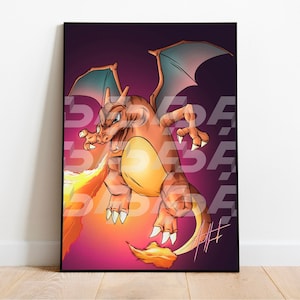 May include: A fiery orange and red dragon Pokemon, Charizard, with large wings and a long tail, is flying in mid-air with its mouth open, breathing fire. The background is a dark purple with a pink glow.
