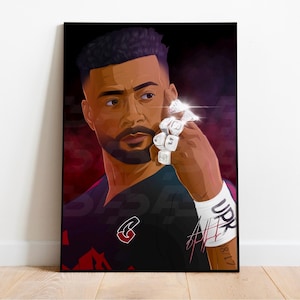 May include: Portrait art print of a man with a beard, wearing a black and red shirt and a white wristband. He is holding up his hand, which is adorned with several large, sparkling rings. The background is a dark red and purple.