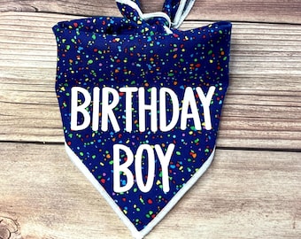 Birthday Boy Colorful Confetti Tie-On Dog Bandana | dog birthday | 1st birthday bandana | blue birthday boy bandana | birthday bandana
