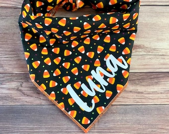 Candy Corn Tie-On Dog Bandana | candy corn dog bandana | personalized dog bandana | Halloween dog bandana | fall dog bandana |