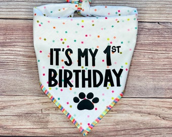 It's My 1st Birthday Rainbow Confetti Squares Tie-On Dog Bandana | dog 1st birthday bandana | puppy birthday bandana | dog birthday bandana