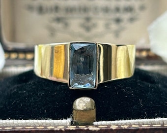 Vintage Blue Paste Solitaire Ring Yellow Gold, Dainty Rectangular Aquamarine Paste Ring, Gold Jewellery Jewellery Gift