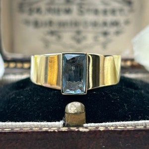 Vintage Blue Paste Solitaire Ring Yellow Gold, Dainty Rectangular Aquamarine Paste Ring, Gold Jewellery Jewellery Gift