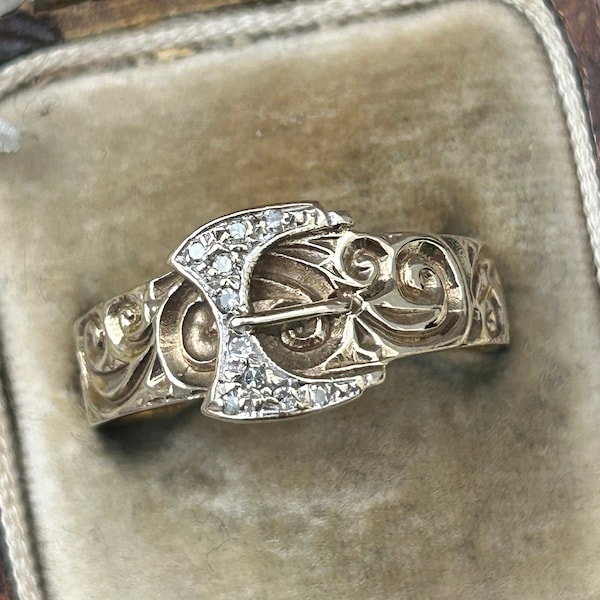 Vintage Diamant Schnalle Ring Band 9 Karat Gelbgold 1994, Verzierter Gürtel Ring, Statement Ring, Stapelring, Gold Schmuck Schmuck Geschenk