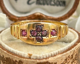 Antique Victorian Amethyst and Ruby Gypsy Ring 15 Carat Yellow Gold 1882, Gemstone Ring Chester Hallmark, Amethyst Ruby Jewelry Gift