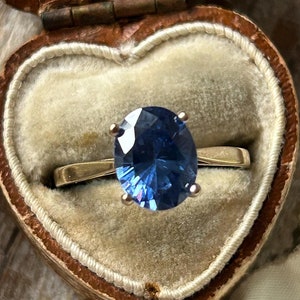 Vintage Oval Blue Cubic Zirconia Solitaire Ring 9 Carat Yellow Gold, Blue Gemstone Statement Ring, Cubic Zirconia Jewelry Gift For Her