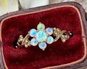 Vintage Dainty Opal Daisy Ring 9 Carat Yellow Gold 1990, Ornate Jelly Opal Cluster Ring, October Birthstone, Opal Jewelry Gift For Her