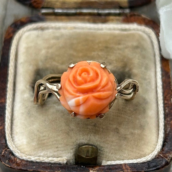 Vintage Carved Coral Rose Ring 9 Carat Yellow Gold 1989, Unique Peach Coral Flower Ring, Coral Jewellery Jewelry Gift For Her