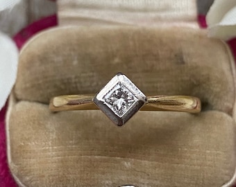 Vintage Princess Cut Diamond Solitaire Ring 18 Carat Gold, Diamond Engagement Ring, Square Diamond Ring, Diamond Jewellery Jewelry Gift