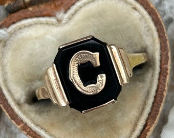 Antique Onyx Monogram C Signet Ring 9 Carat Yellow Gold, Art Deco Initial "C" Ring, Black Gemstone Ring, Onyx Jewellery Jewelry Gift