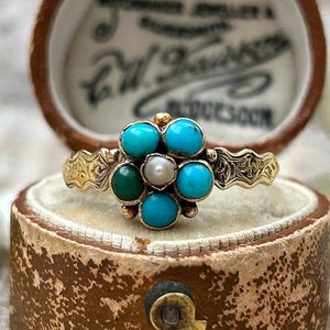 Antique Victorian Turquoise and Pearl Daisy Ring Carat Gold