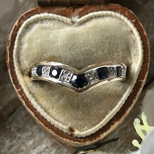 Vintage Sapphire and Diamond Wishbone Ring Band 9 Carat Yellow Gold,  V Shaped Chevron Ring, Stacking Ring, Sapphire Jewelry Gift For Her