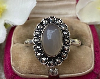 Vintage Moonstone and Marcasite Statement Ring Silver, Halo Ring, Moonstone Jewellery Jewelry Gift